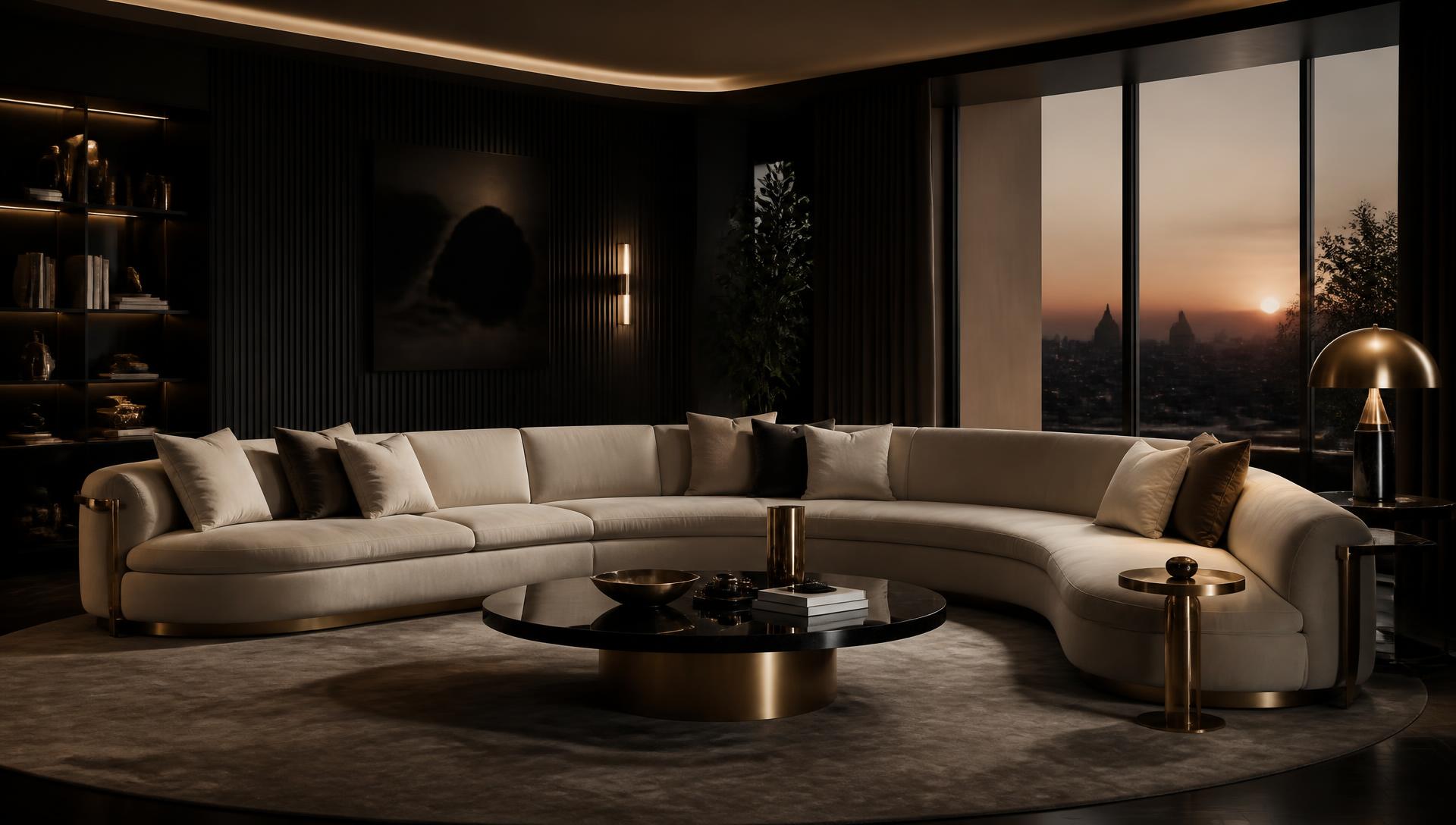 Luxury living room with a cream curved corner sofa and brass accents